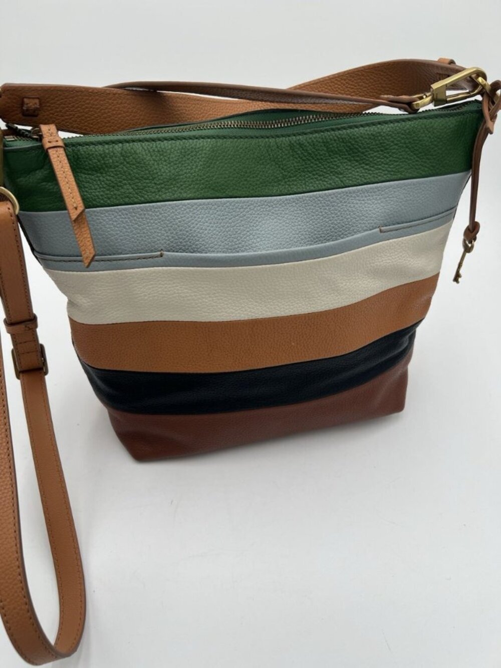 Fossil Julianna Hobo Bag Leather Colorblock Strip Shoulder Purse Key Charm EUC - Picture 9 of 16